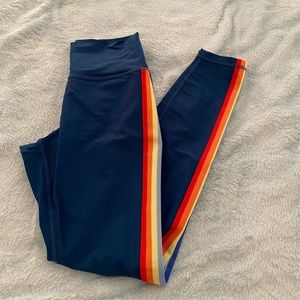 Blue rainbow stripe leggings.